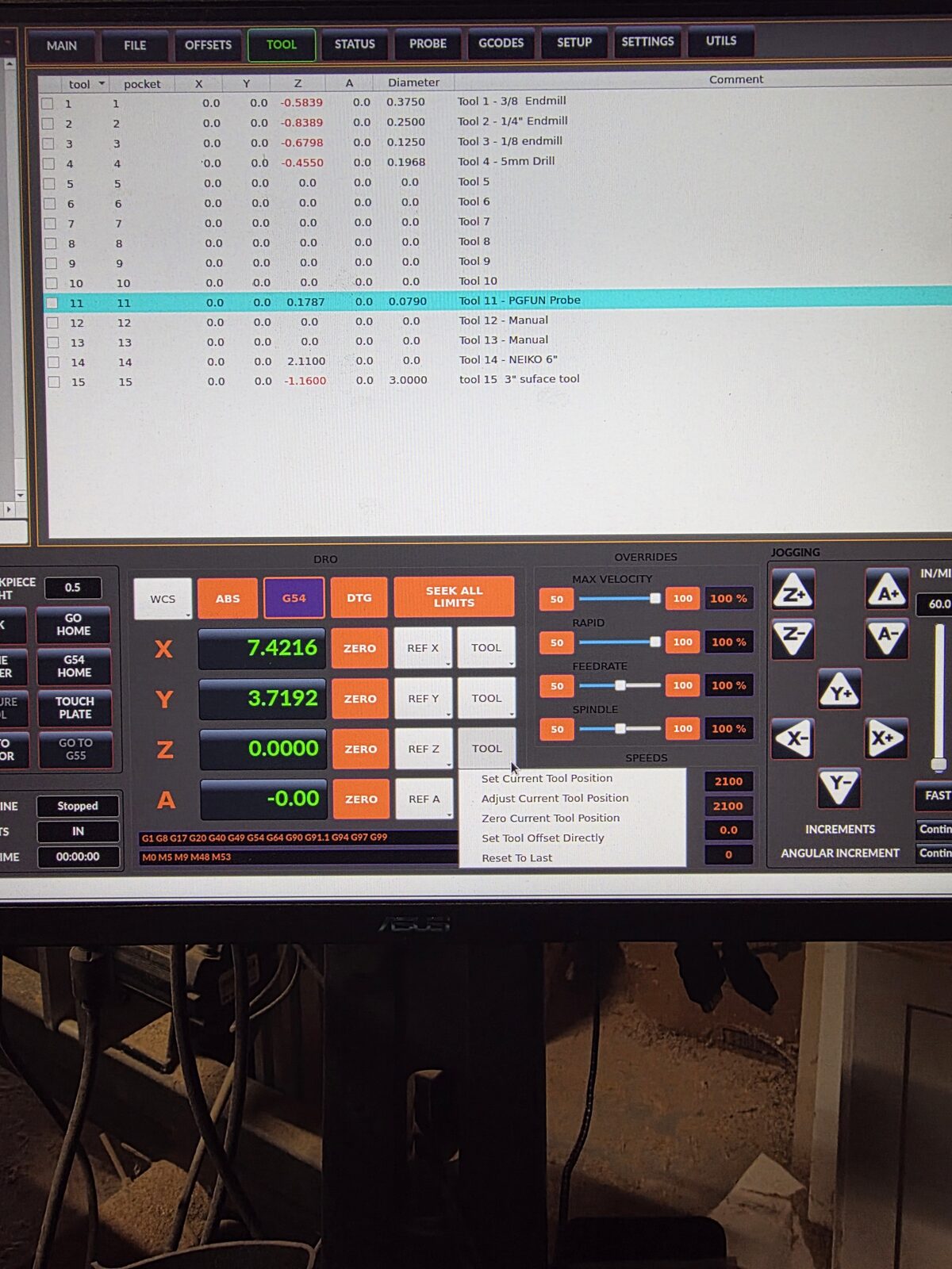 QtDragon HD control screen showing the tool table and DRO